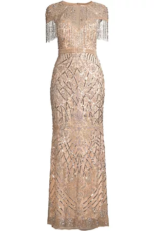 Mac Duggal Women Evening Dresses - Women's Military Style Fringe Sheath Gown - Platinum - Size 4 - Platinum - Size 4