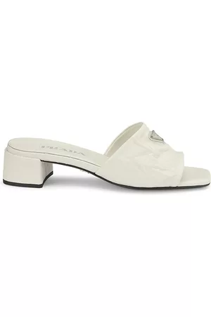 Prada Women Heels - Women's Crinkled Leather Block-Heel Mules - Bianco - Size 11.5 - Bianco - Size 11.5