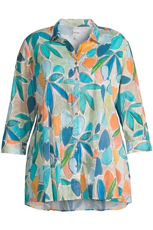 NIC+ZOE Women Shirts - Women's Citrus Grove Long Crinkled Shirt - Blue Multi - Size 22 - Blue Multi - Size 22