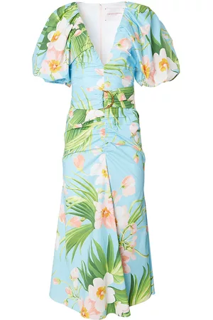 Carolina Herrera Women Printed Dresses - Women's Floral Ruched Stretch-Cotton Dress - Aquamarine Multi - Size 2 - Aquamarine Multi - Size 2