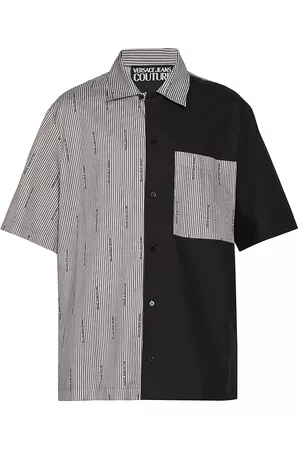 VERSACE Men Short sleeved Shirts - Men's Logo & Stripe Cotton Short-Sleeve Shirt - Steel - Size 34 - Steel - Size 34