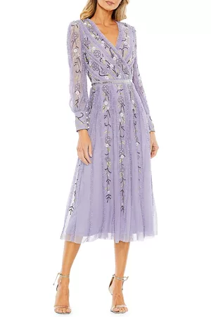 Mac Duggal Women Midi Dresses - Women's V-Neck Embellished Midi-Dress - Lilac - Size 2 - Lilac - Size 2