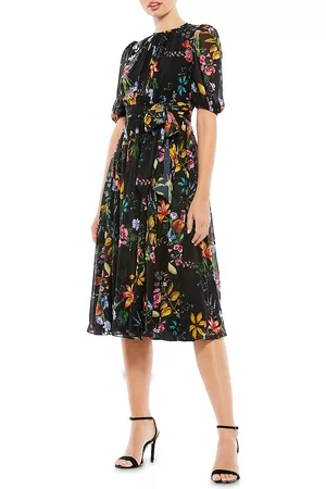 Mac Duggal Women Printed Dresses - Women's Ieena Belted Floral Chuffon Midi-Dress - Black Multi - Size 8 - Black Multi - Size 8