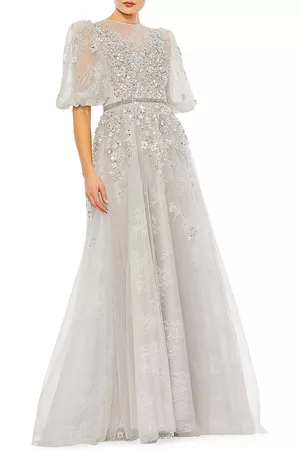 Mac Duggal Women Puff Sleeve Dress - Women's Sequin-Embellished Puff-Sleeve Gown - Platinum - Size 6 - Platinum - Size 6
