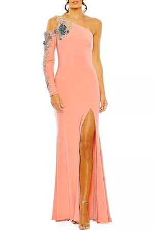 Mac Duggal Women Floral Dresses - Women's Mac Asymmetric Floral-Embellished Twill Gown - Peach Multi - Size 2 - Peach Multi - Size 2