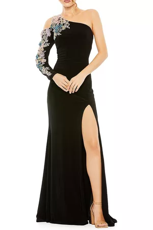 Mac Duggal Women Floral Dresses - Women's Mac Asymmetric Floral-Embellished Twill Gown - Black Multi - Size 0 - Black Multi - Size 0