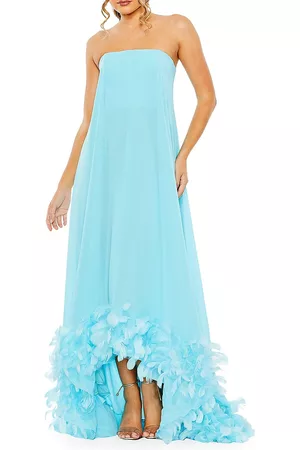 Mac Duggal Women Strapless Dresses - Women's Feathered Chiffon Strapless Gown - Aqua - Size 2 - Aqua - Size 2