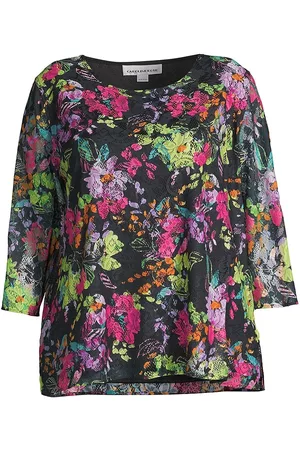 Caroline Rose Women Blouses - Women's Summer Social Brilliant Bouquet Tunic Top - Black Multi - Size 14 - Black Multi - Size 14
