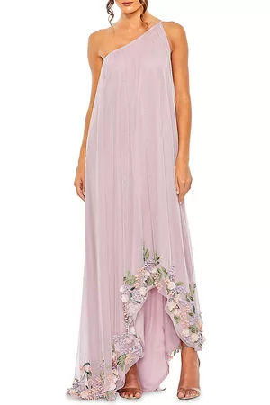 Mac Duggal Women Asymmetrical Dresses - Women's Mac Asymmetric Floral Chiffon High-Low Gown - Orchid Multi - Size 2 - Orchid Multi - Size 2