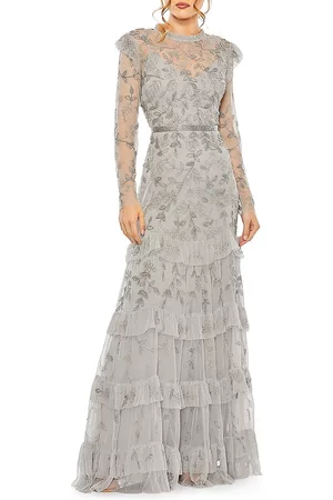 Mac Duggal Women Printed Dresses - Women's High Neck Floral Embellished Gown - Platinum - Size 12 - Platinum - Size 12