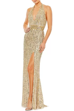 Mac Duggal Women Halter Neck Dresses - Women's Sequined Halter Trumpet Gown - Gold - Size 2 - Gold - Size 2