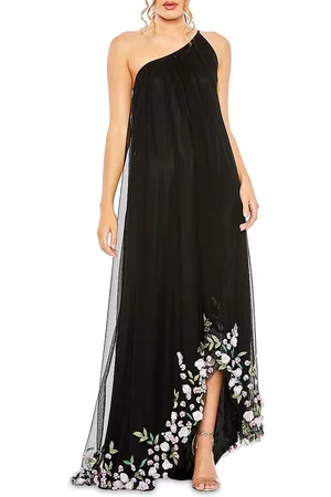 Mac Duggal Women Asymmetrical Dresses - Women's Mac Asymmetric Floral Chiffon High-Low Gown - Black - Size 4 - Black - Size 4