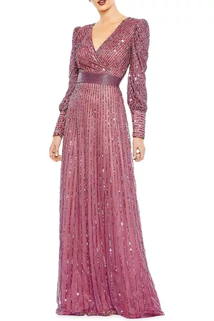 Mac Duggal Women Evening Dresses - Women's Sequin Wrap-Over Bishop-Sleeve Gown - Mauve - Size 6 - Mauve - Size 6