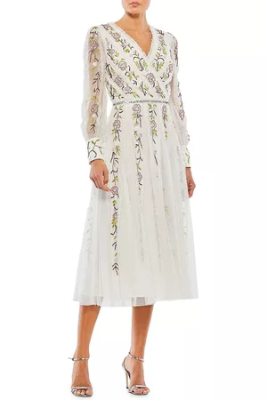 Mac Duggal Women Midi Dresses - Women's V-Neck Embellished Midi-Dress - Ivory Multi - Size 2 - Ivory Multi - Size 2