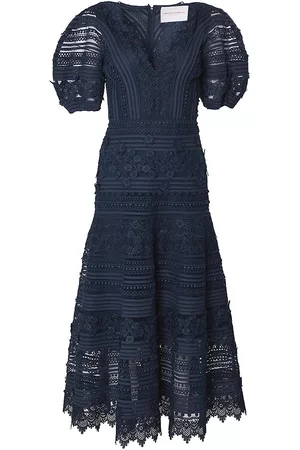 Carolina Herrera Women Puff Sleeve Dress - Women's Embroidered Lace Puff-Sleeve Midi-Dress - Midnight - Size 2 - Midnight - Size 2