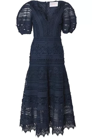Carolina Herrera Women Puff Sleeve Dress - Women's Embroidered Lace Puff-Sleeve Midi-Dress - Midnight - Size 2 - Midnight - Size 2