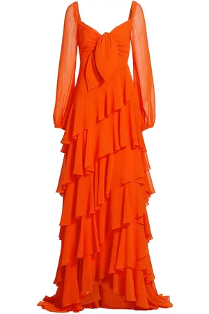 Badgley Mischka Women Evening Dresses - Women's Tiered Ruffle Gown - Papaya - Size 0 - Papaya - Size 0