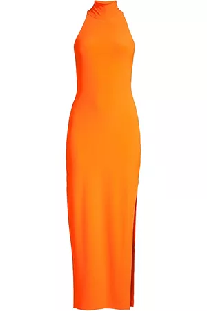 Norma Kamali Women Halter Neck Dresses - Women's Halter Turtleneck Slit Gown - Neon Orange - Size XXS - Neon Orange - Size XXS