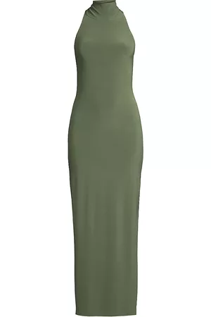 Norma Kamali Women Halter Neck Dresses - Women's Halter Turtleneck Slit Gown - Celadon - Size XXS - Celadon - Size XXS