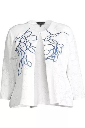 Ming Wang Women Floral Jackets - Women's Two-Tone Floral Embroidered Jacket - White Dazzling - Size 14 - White Dazzling - Size 14