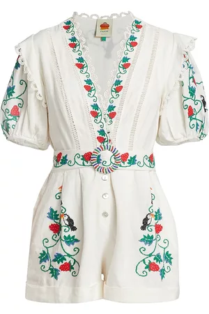 Farm Rio Women T-Shirts - Women's Embroidered Belted Romper - Off White - Size XS - Off White - Size XS