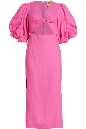 Farm Rio Women Puff Sleeve Dress - Women's Cut-Out Puff-Sleeve Midi-Dress - Pink - Size XS - Pink - Size XS