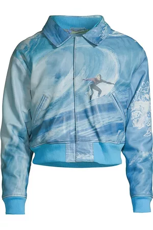 ERL Men Leather Jackets - Men's Surfer Leather Bomber Jacket - Crystal Blue - Size Small - Crystal Blue - Size Small