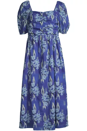 Ro's Garden Women Puff Sleeve Dress - Women's Harbin Puff-Sleeve Midi-Dress - Blue Multi - Size Small - Blue Multi - Size Small