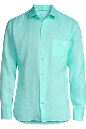 Peter Millar Men Sports T-Shirts - Men's Crown Coastal Garment-Dyed Linen Sport Shirt - Icy Mint - Size Small - Icy Mint - Size Small
