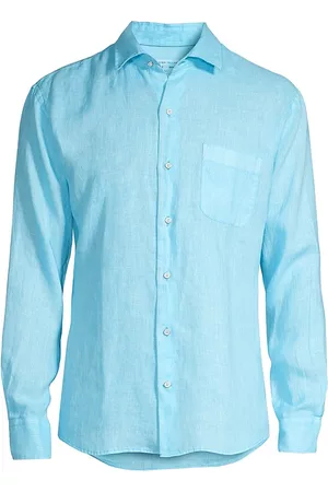 Peter Millar Men Sports T-Shirts - Men's Crown Coastal Garment-Dyed Linen Sport Shirt - Blue Sound - Size Small - Blue Sound - Size Small