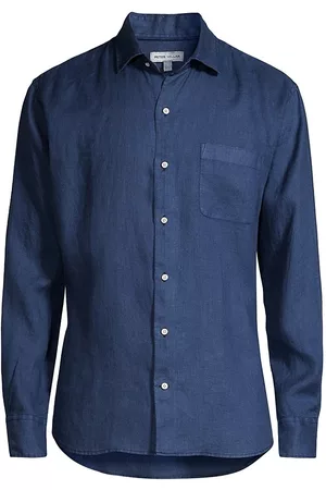 Peter Millar Men Sports T-Shirts - Men's Crown Coastal Garment-Dyed Linen Sport Shirt - Atlantic Blue - Size Medium - Atlantic Blue - Size Medium