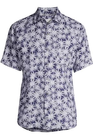 Peter Millar Men Sports T-Shirts - Men's Crown Key Cove Linen Sport Shirt - Atlantic Blue - Size Small - Atlantic Blue - Size Small
