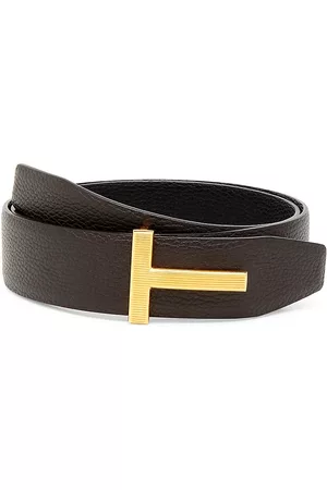 Tom Ford Men Belts - Men's Ridged T Buckle Reversible Leather Belt - Brown Black - Size 36 - Brown Black - Size 36