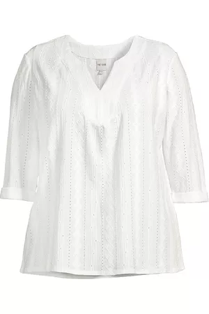 NIC+ZOE Women Lace-up Tops - Women's Embroidered Angled Lace Tunic - Milk White - Size 14 - Milk White - Size 14