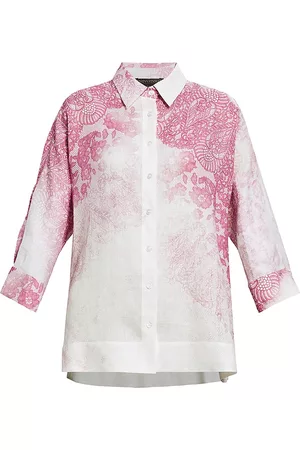 Persona by Marina Rinaldi Women Lace-up Tops - Women's Filomena Lace-Print Linen Shirt - Pink - Size 14W - Pink - Size 14W