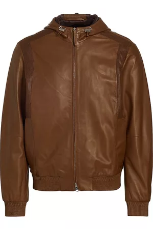 brett johnson Men Leather Jackets - Men's Leather Hoodie Jacket - Coffee - Size 48 - Coffee - Size 48
