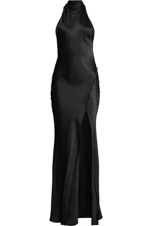 Sau Lee Women Halter Dresses - Women's Penelope Satin Halter Gown - Black - Size 0 - Black - Size 0