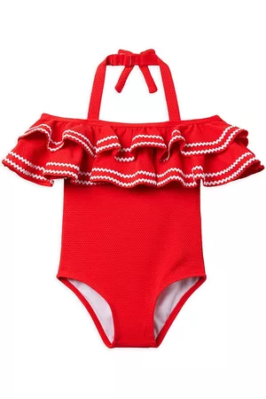 Janie and Jack Girls Swimsuits - Little Girl's & Girl's Ric Rac Ruffle Halter Swimsuit - Red - Size 2 - Red - Size 2