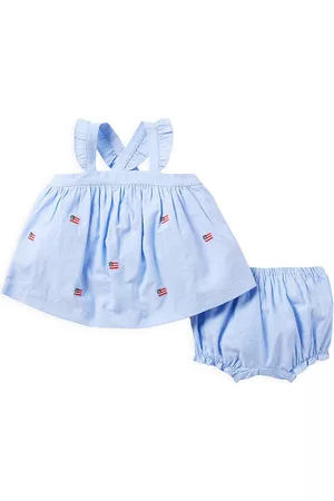 Janie and Jack Sets - Baby Girl's Flag Embroidered Oxford Set - Blue - Size 3 Months - Blue - Size 3 Months