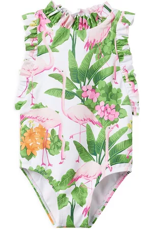 Janie and Jack Girls Swimsuits - Little Girl's & Girl's Tropical Flamingo Ruffle Swimsuit - White - Size 2 - White - Size 2