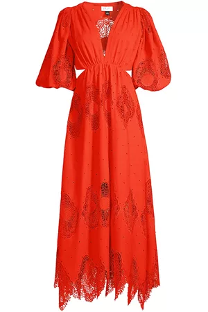 Delfi Women Puff Sleeve & Puff Shoulder Dresses - Women's Kristi Lace Puff-Sleeve Midi-Dress - Red - Size XS - Red - Size XS
