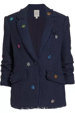 Cinq A Sept Women Floral Jackets - Women's Khloe Floral Rhinstone Boucle Blazer - Navy - Size 0 - Navy - Size 0