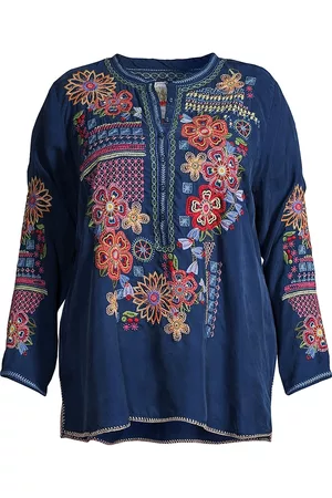 JOHNNY WAS Women Nightdresses & Shirts - Women's Katie Floral Embroidered Blouse - Blue Night - Size 14 - Blue Night - Size 14