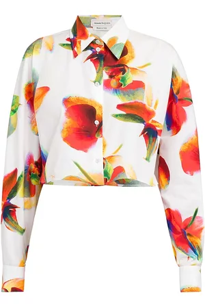 Alexander McQueen Women Shirts - Women's Cropped Orchid-Print Shirt - Optical White - Size 4 - Optical White - Size 4