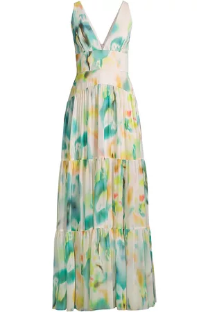 Liv Foster Women Printed & Patterned Dresses - Women's Chiffon Floral Tiered Gown - Green Multi - Size 14 - Green Multi - Size 14
