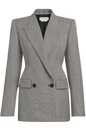 Alexander McQueen Women Double Breasted Jackets - Women's Double-Breasted Houndstooth Blazer - Black Ivory - Size 8 - Black Ivory - Size 8