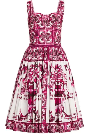 Dolce & Gabbana Women Printed & Patterned Dresses - Women's Blu Mediterraneo Sleeveless Floral Fit & Flare Dress - Tris Maioliche Fuxia - Size 8 - Tris Maioliche Fuxia - Size 8
