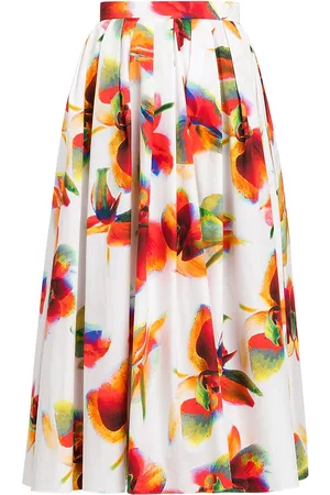 Alexander McQueen Women Midi Skirts - Women's Pleated Floral Midi-Skirt - Opticial White - Size 4 - Opticial White - Size 4