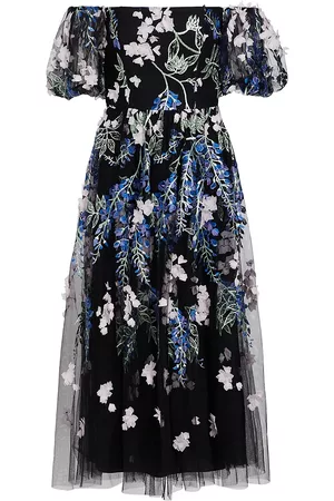 Marchesa Notte Women Strapless Dresses - Women's Floral Off-The-Shoulder Midi-Dress - Black Blush - Size 0 - Black Blush - Size 0