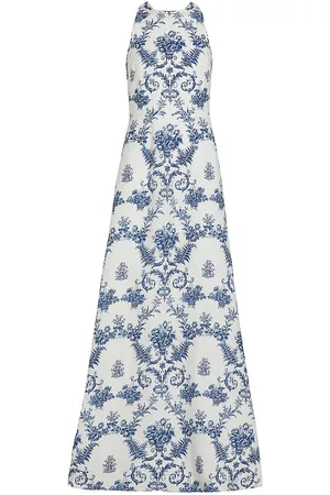 Sachin & Babi Women Evening Dresses & Gowns - Women's Jordan Damask A-Line Gown - Indigo Ivory Trellis - Size 6 - Indigo Ivory Trellis - Size 6
